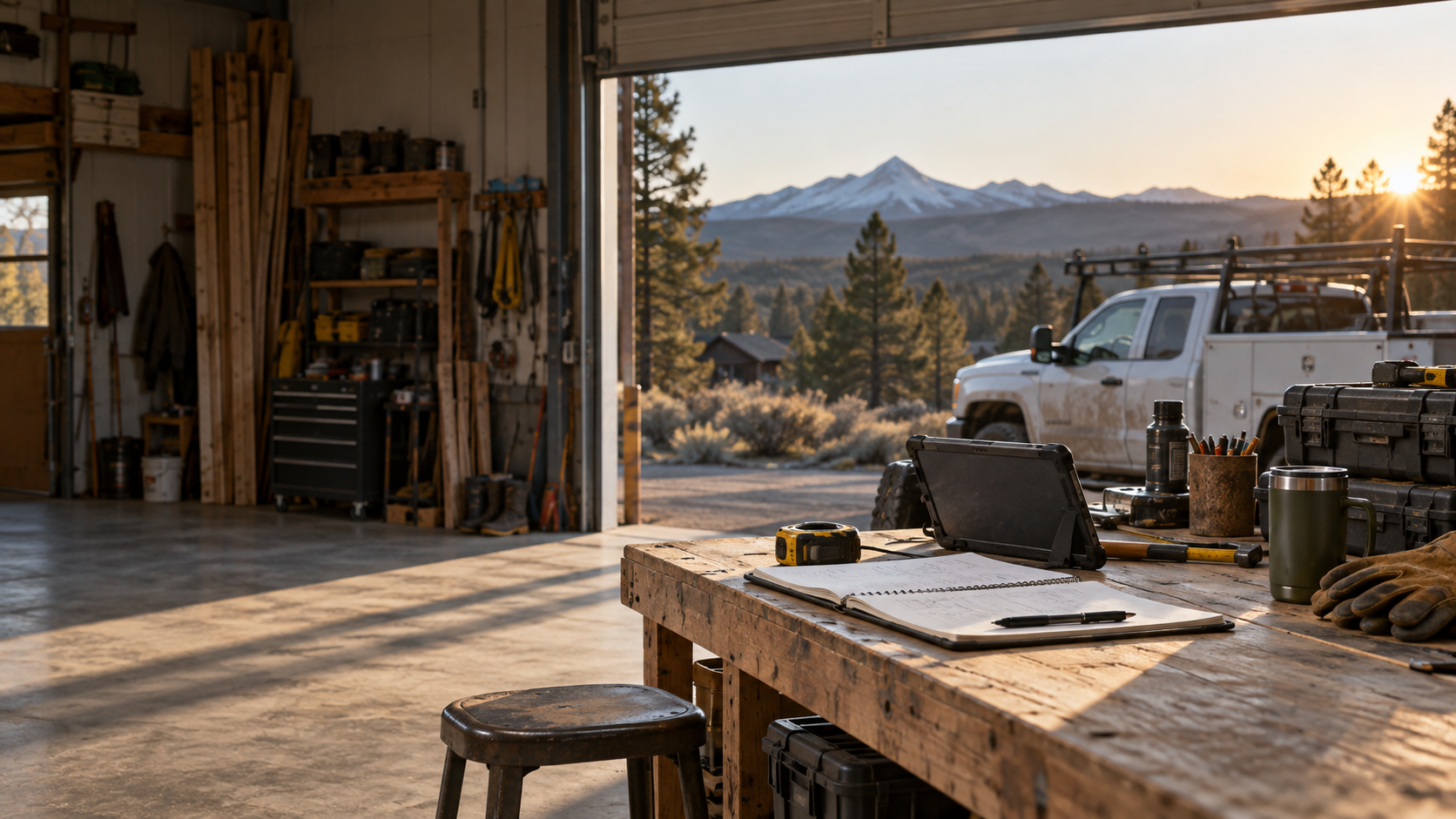 A Central Oregon contractor workshop overlooking the Cascades